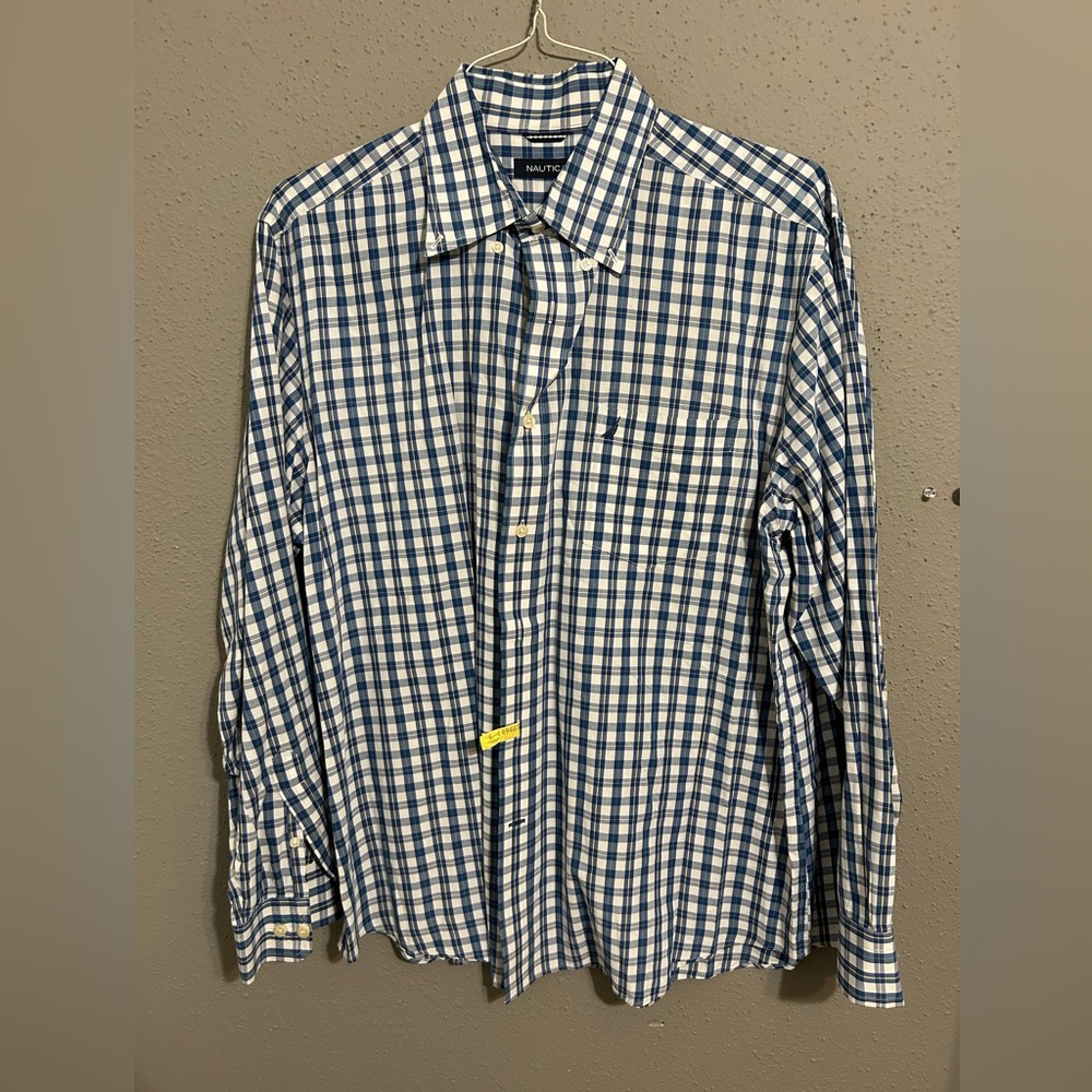 Nautica Blue and White Plaid Button Down Shirt. Size XL.